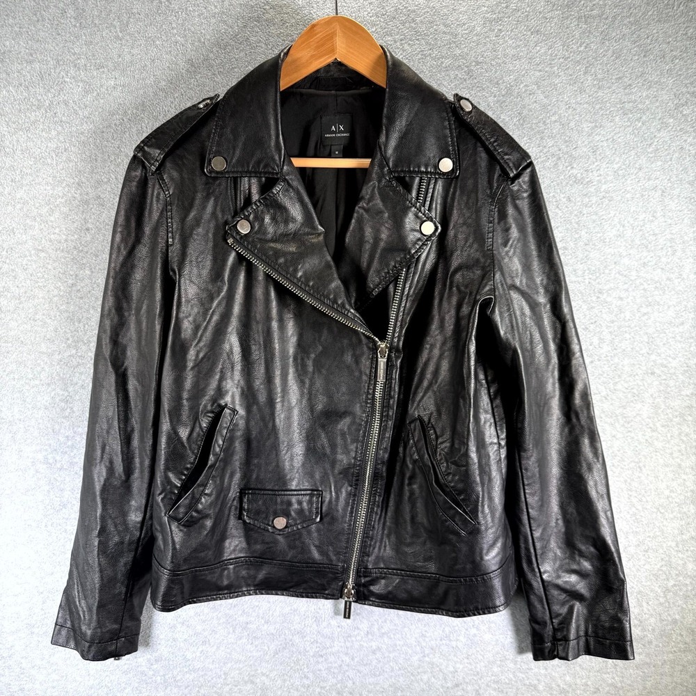 Armani Exchange‎ Biker Jacket Womens Medium Black Faux Leather Asymmetrical Zip